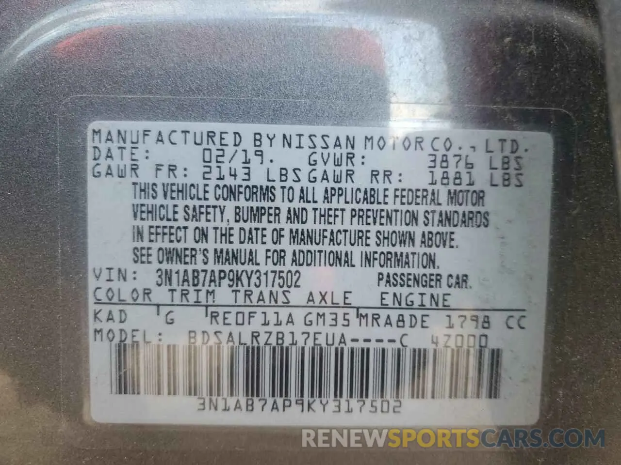 13 Фотография поврежденного автомобиля 3N1AB7AP9KY317502 NISSAN SENTRA 2019