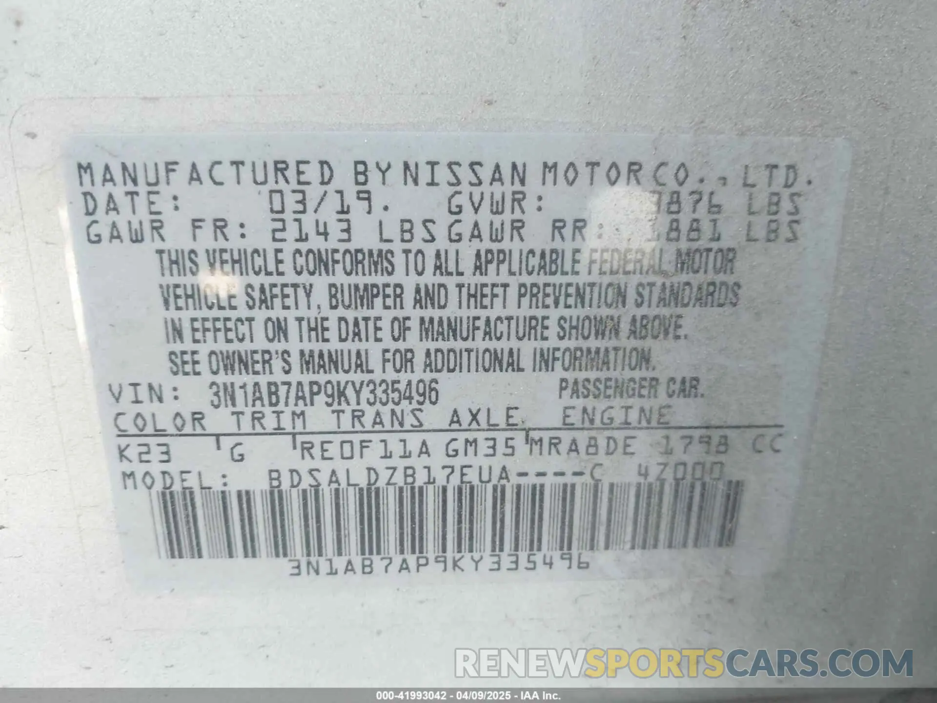 9 Photograph of a damaged car 3N1AB7AP9KY335496 NISSAN SENTRA 2019
