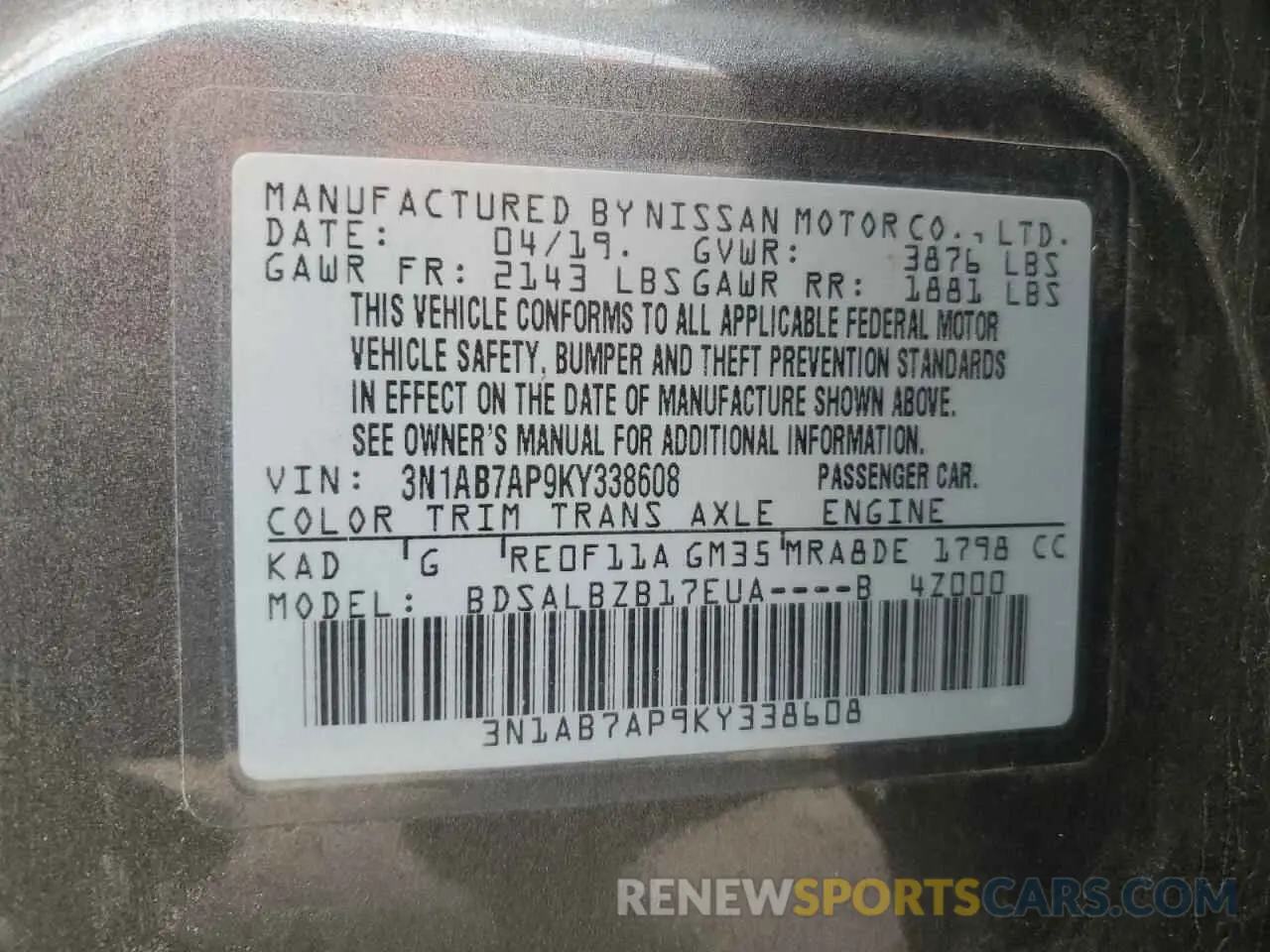 12 Photograph of a damaged car 3N1AB7AP9KY338608 NISSAN SENTRA 2019