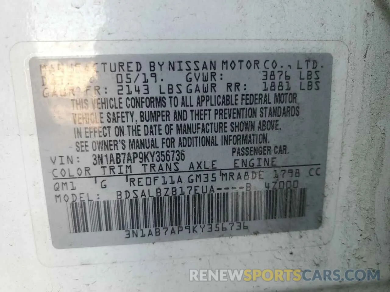 14 Фотография поврежденного автомобиля 3N1AB7AP9KY356736 NISSAN SENTRA 2019