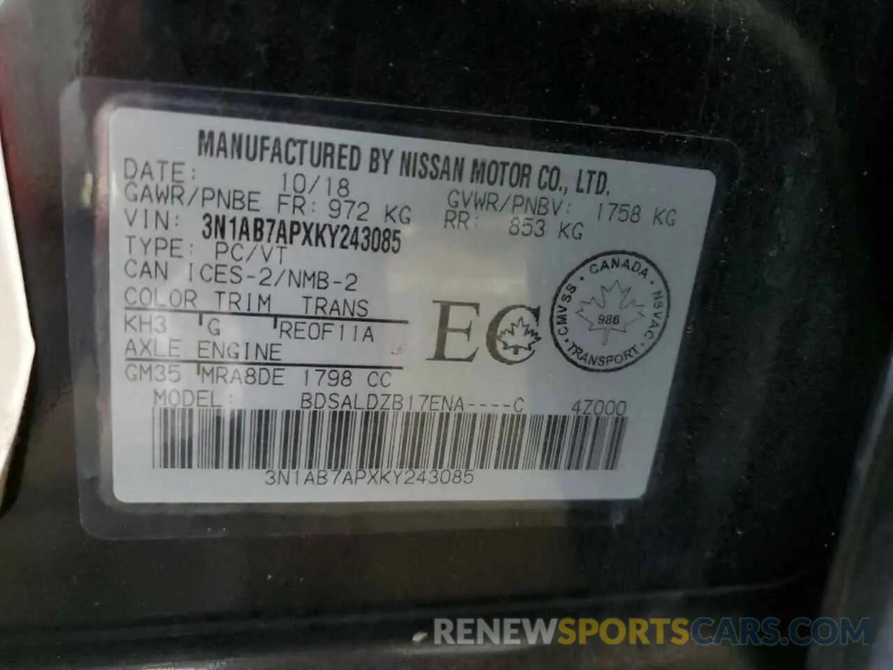 12 Photograph of a damaged car 3N1AB7APXKY243085 NISSAN SENTRA 2019