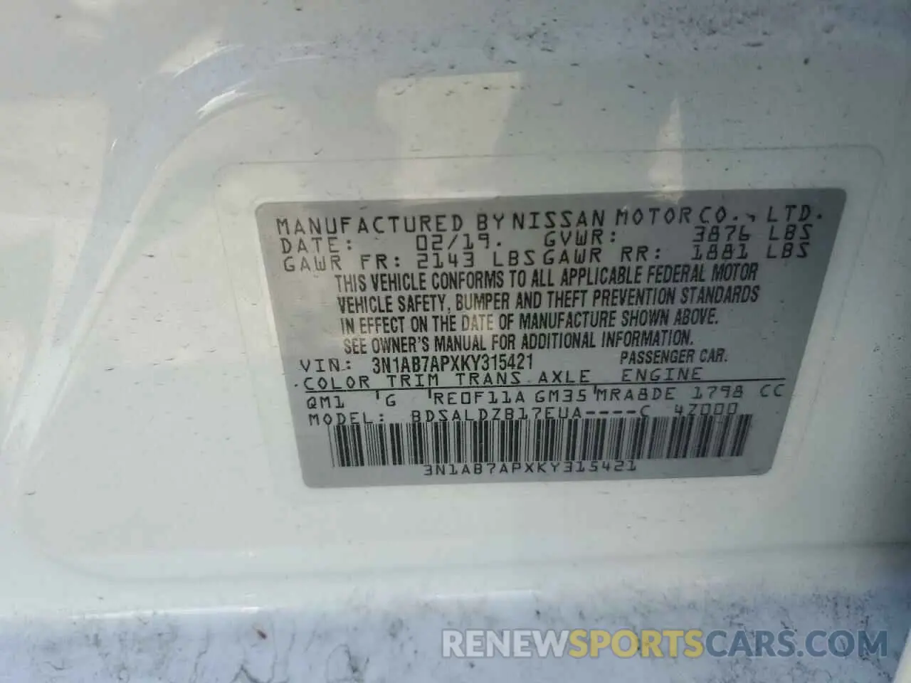 12 Photograph of a damaged car 3N1AB7APXKY315421 NISSAN SENTRA 2019