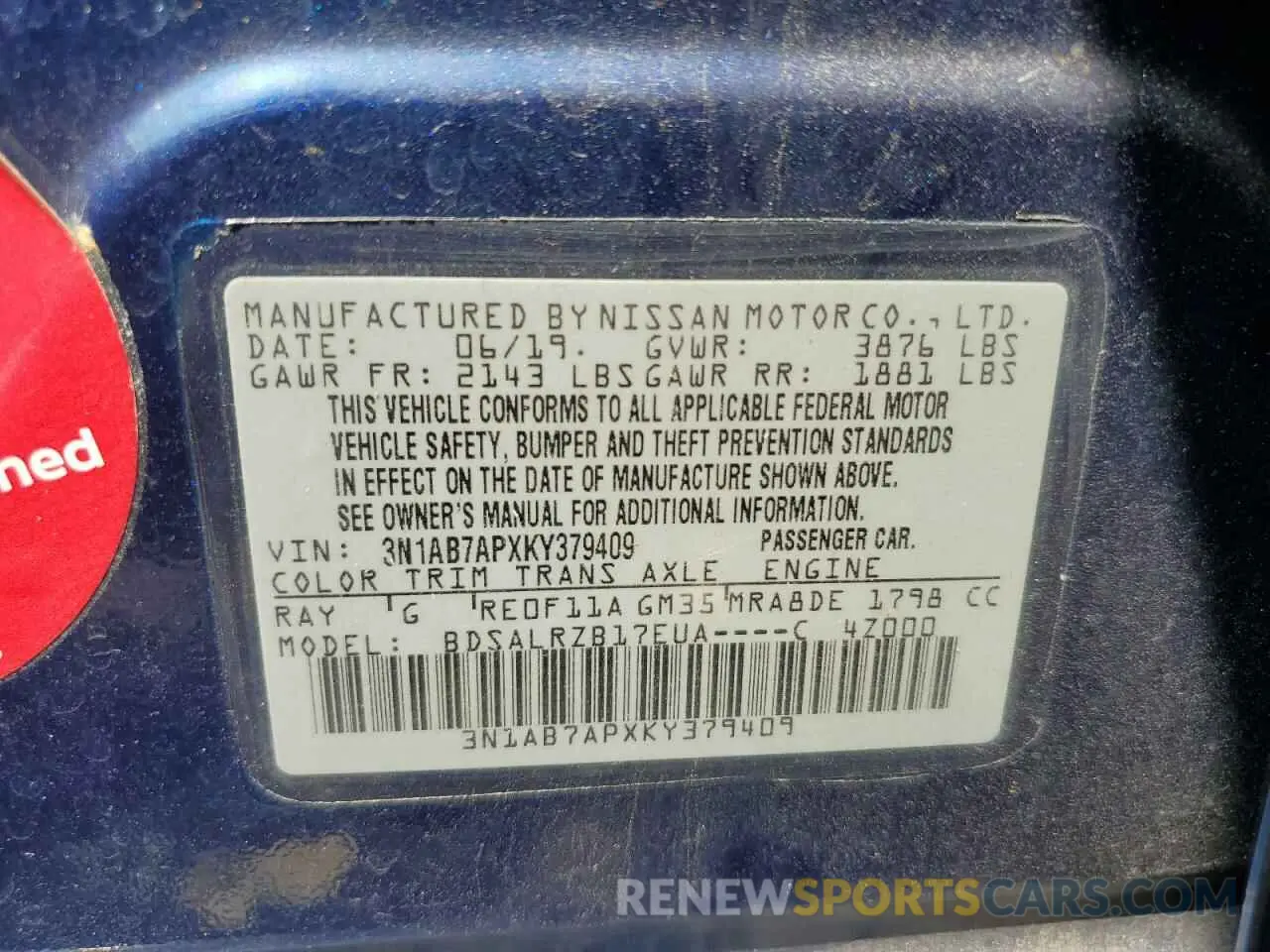 15 Фотография поврежденного автомобиля 3N1AB7APXKY379409 NISSAN SENTRA 2019