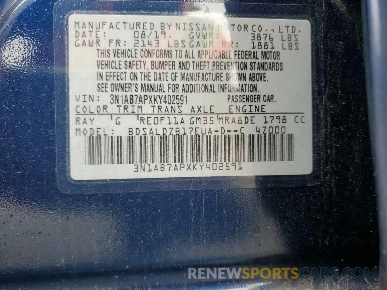 15 Photograph of a damaged car 3N1AB7APXKY402591 NISSAN SENTRA 2019