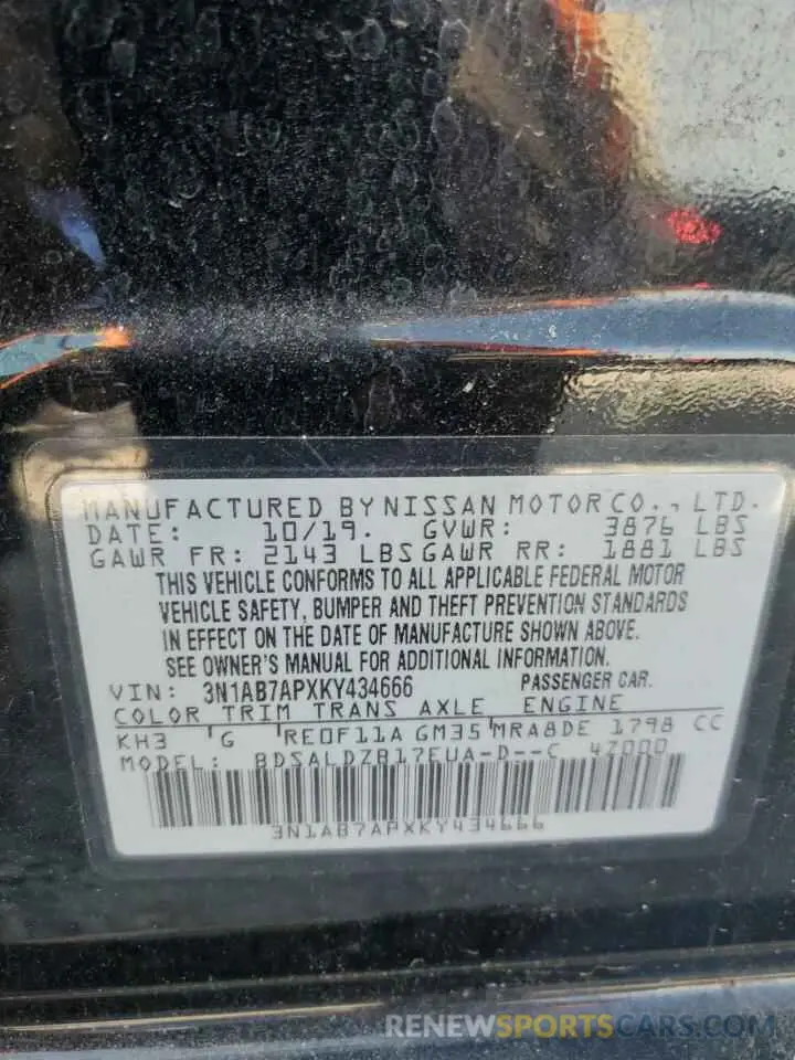 13 Фотография поврежденного автомобиля 3N1AB7APXKY434666 NISSAN SENTRA 2019
