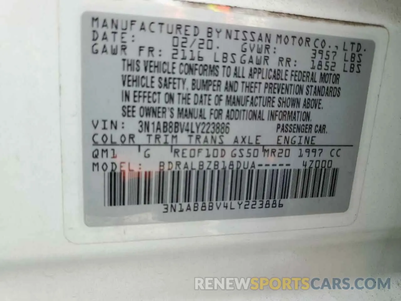 14 Фотография поврежденного автомобиля 3N1AB8BV4LY223886 NISSAN SENTRA 2020