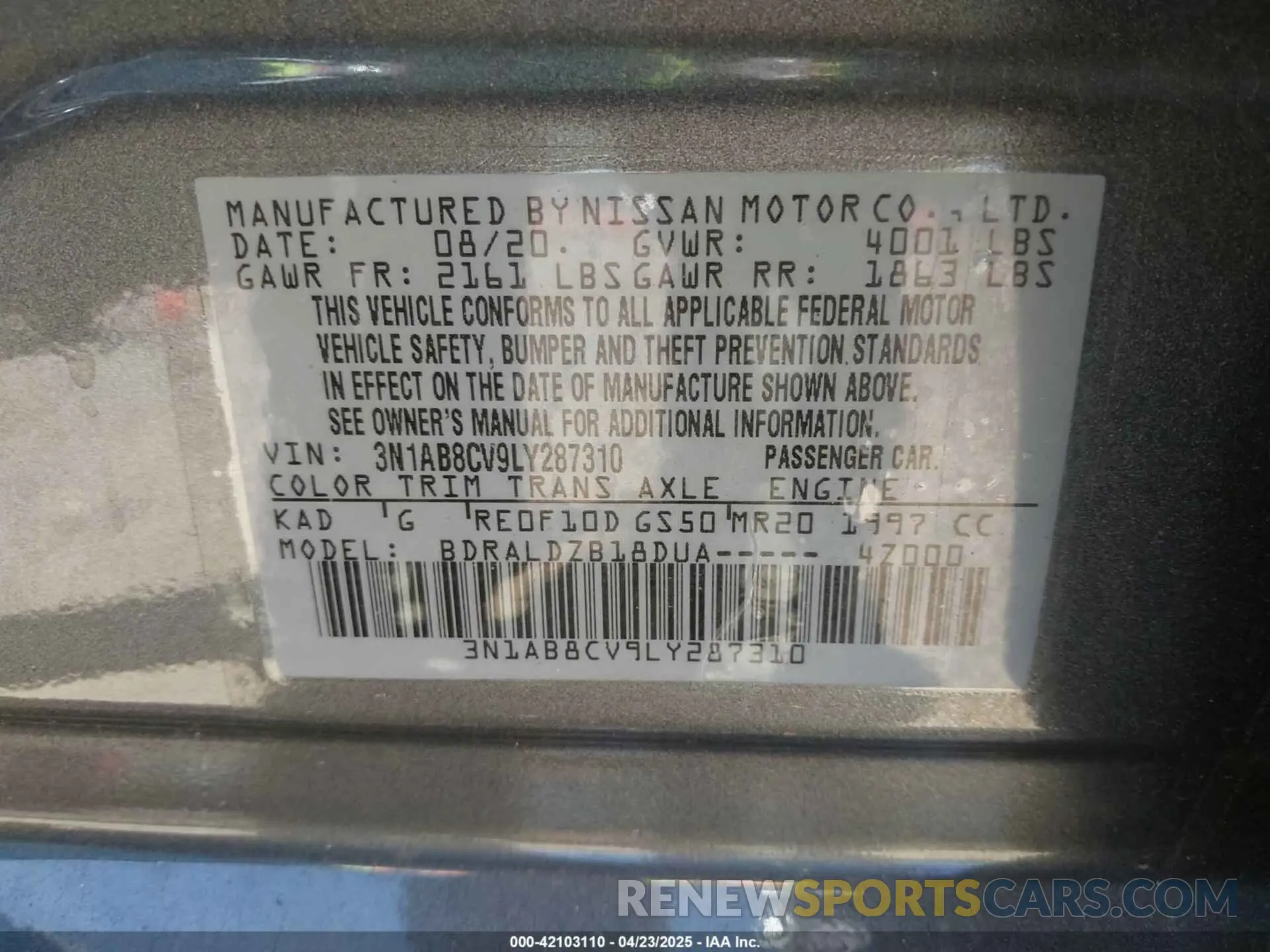 9 Фотография поврежденного автомобиля 3N1AB8CV9LY287310 NISSAN SENTRA 2020