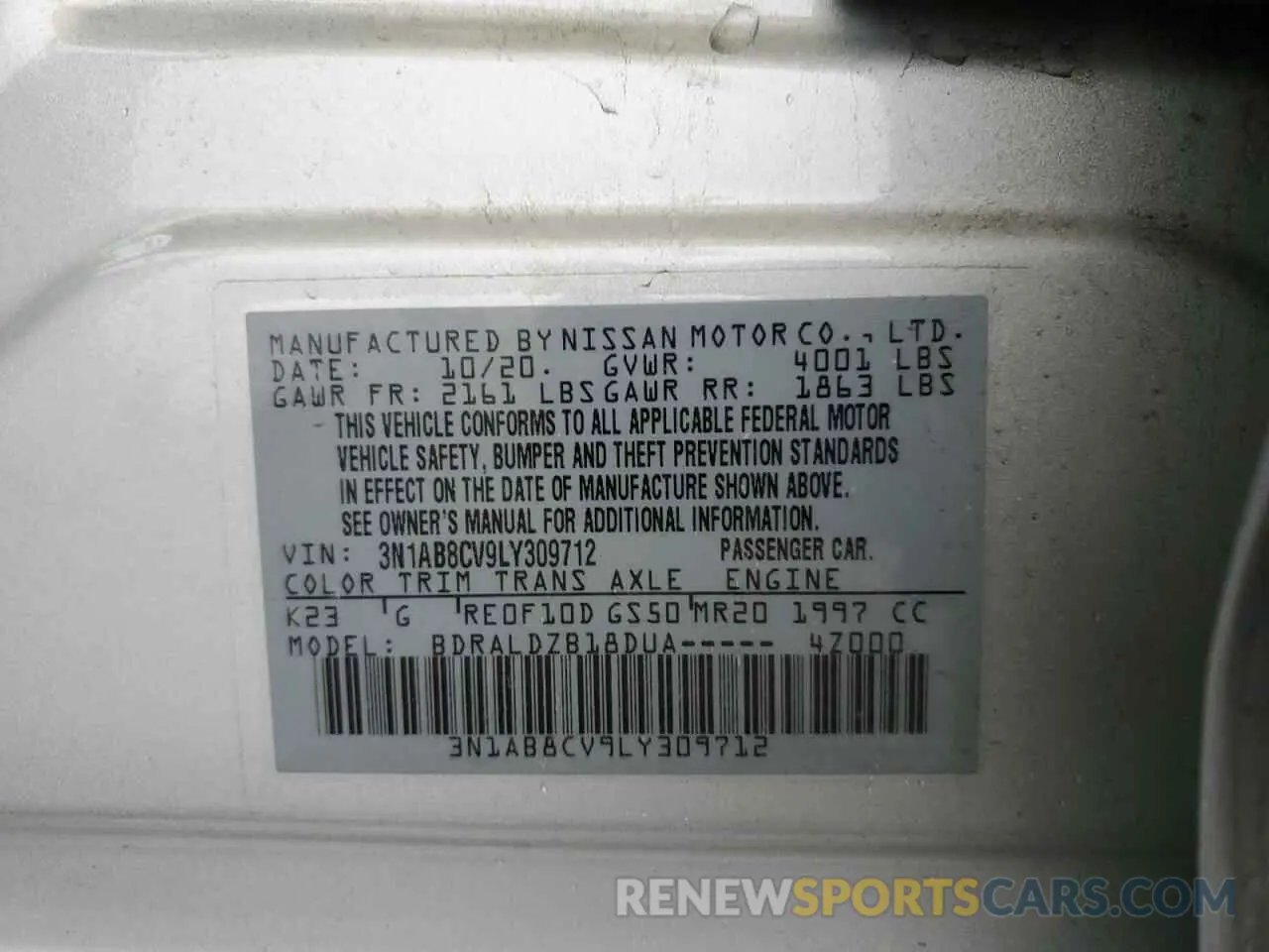 13 Фотография поврежденного автомобиля 3N1AB8CV9LY309712 NISSAN SENTRA 2020