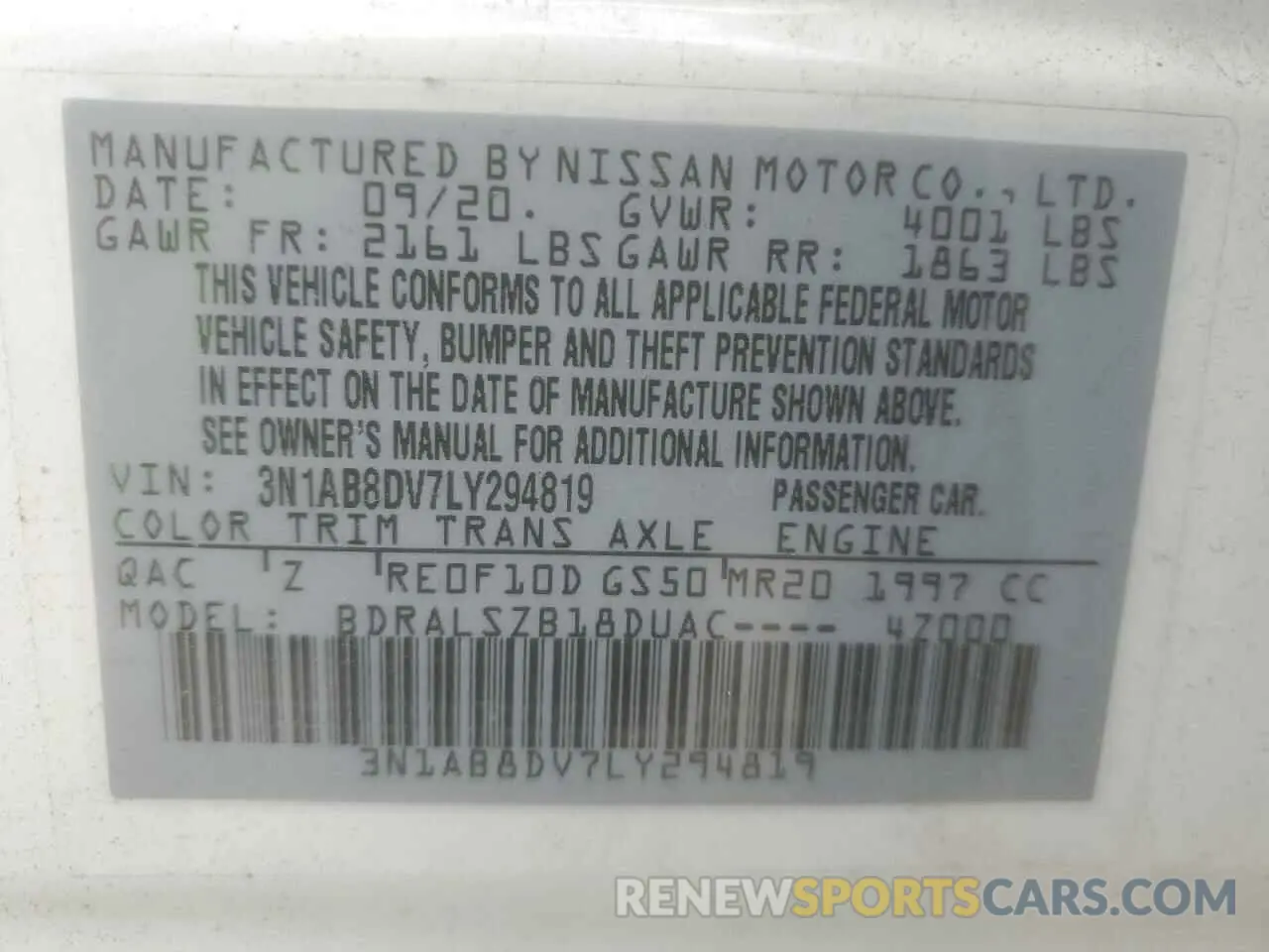 14 Фотография поврежденного автомобиля 3N1AB8DV7LY294819 NISSAN SENTRA 2020