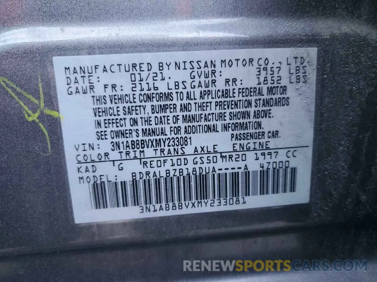 12 Photograph of a damaged car 3N1AB8BVXMY233081 NISSAN SENTRA 2021