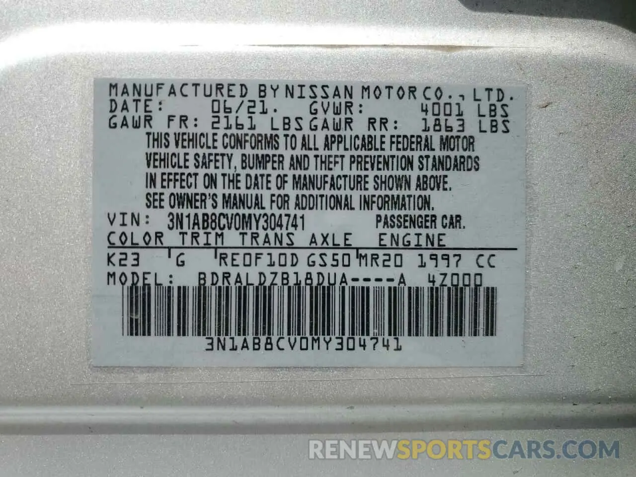 13 Photograph of a damaged car 3N1AB8CV0MY304741 NISSAN SENTRA 2021