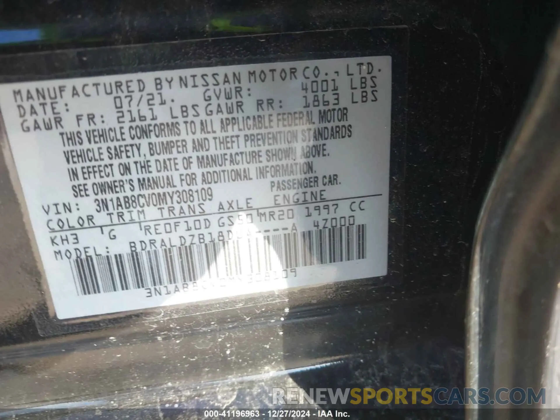 9 Фотография поврежденного автомобиля 3N1AB8CV0MY308109 NISSAN SENTRA 2021
