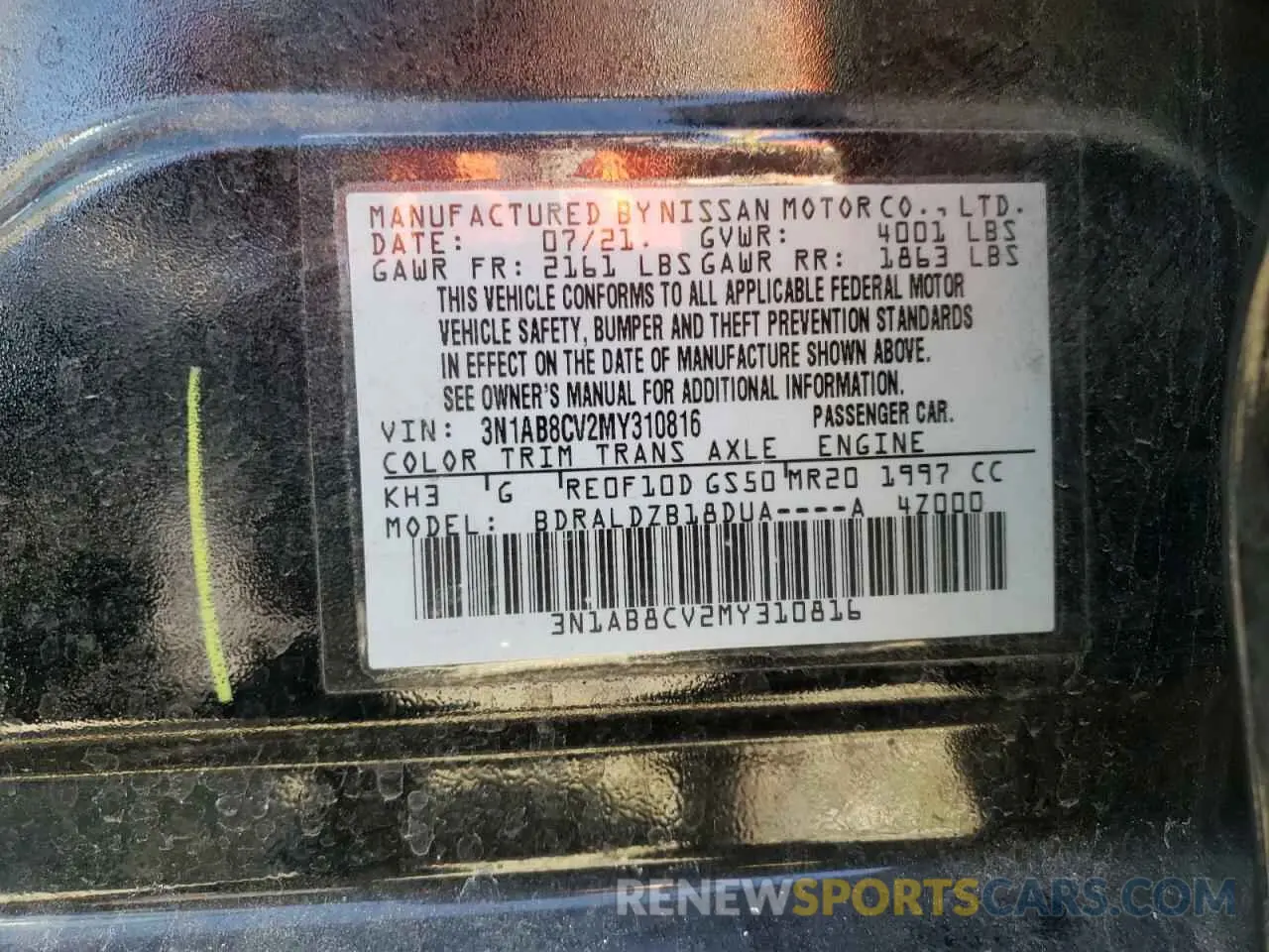13 Photograph of a damaged car 3N1AB8CV2MY310816 NISSAN SENTRA 2021