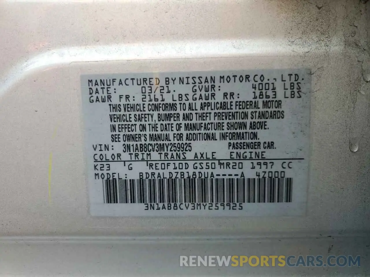 12 Photograph of a damaged car 3N1AB8CV3MY259925 NISSAN SENTRA 2021
