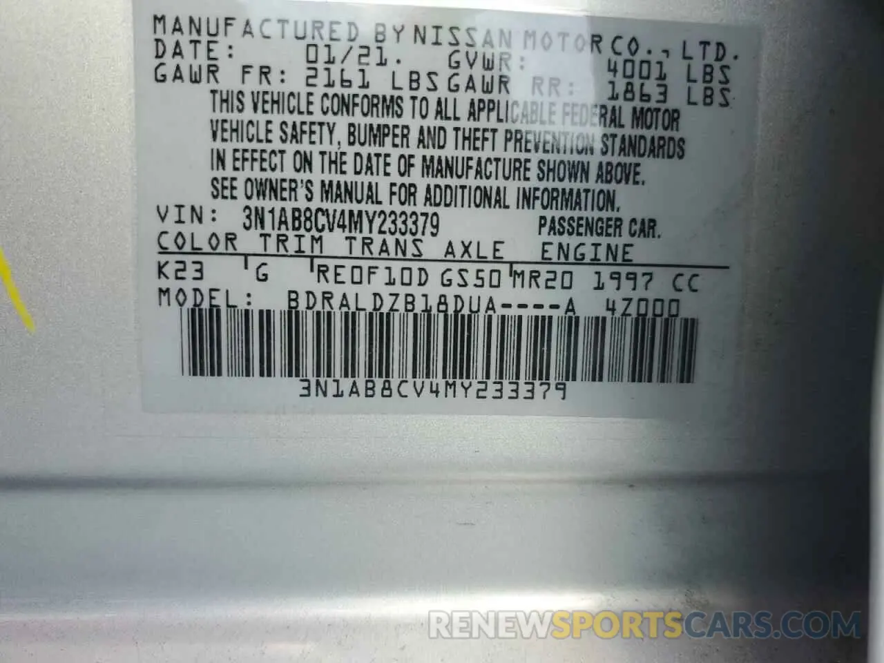 12 Фотография поврежденного автомобиля 3N1AB8CV4MY233379 NISSAN SENTRA 2021