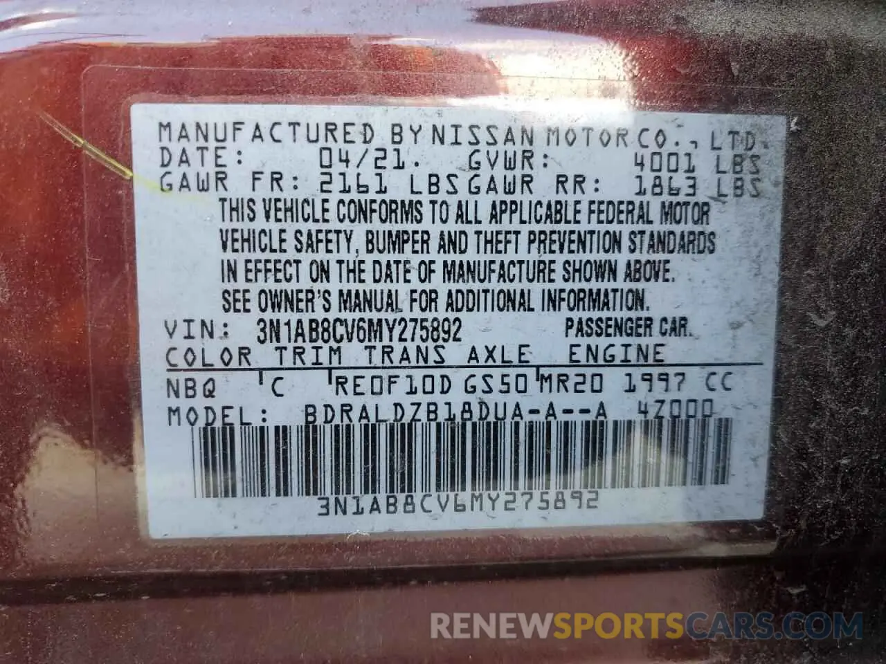 12 Фотография поврежденного автомобиля 3N1AB8CV6MY275892 NISSAN SENTRA 2021