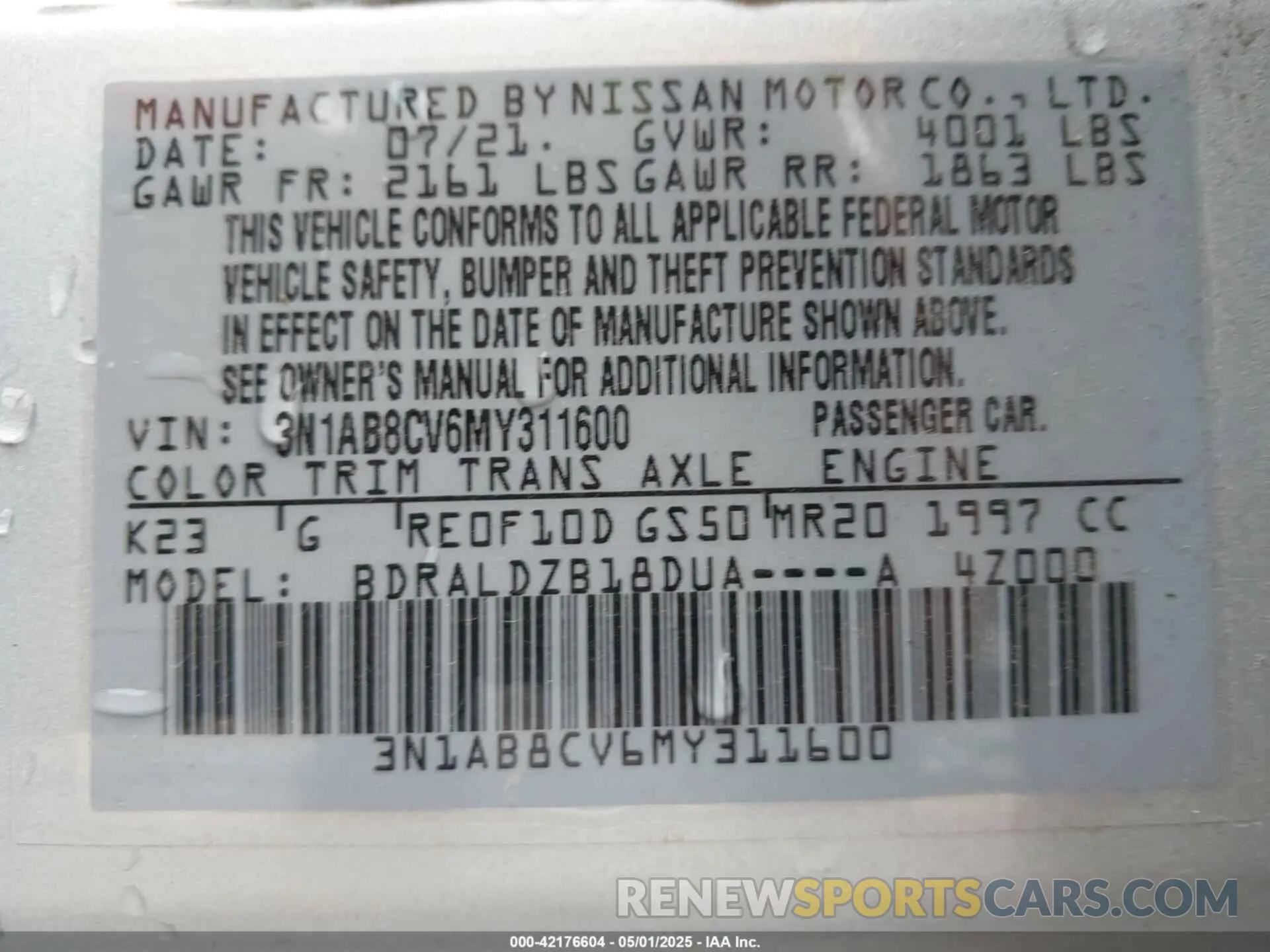 9 Фотография поврежденного автомобиля 3N1AB8CV6MY311600 NISSAN SENTRA 2021