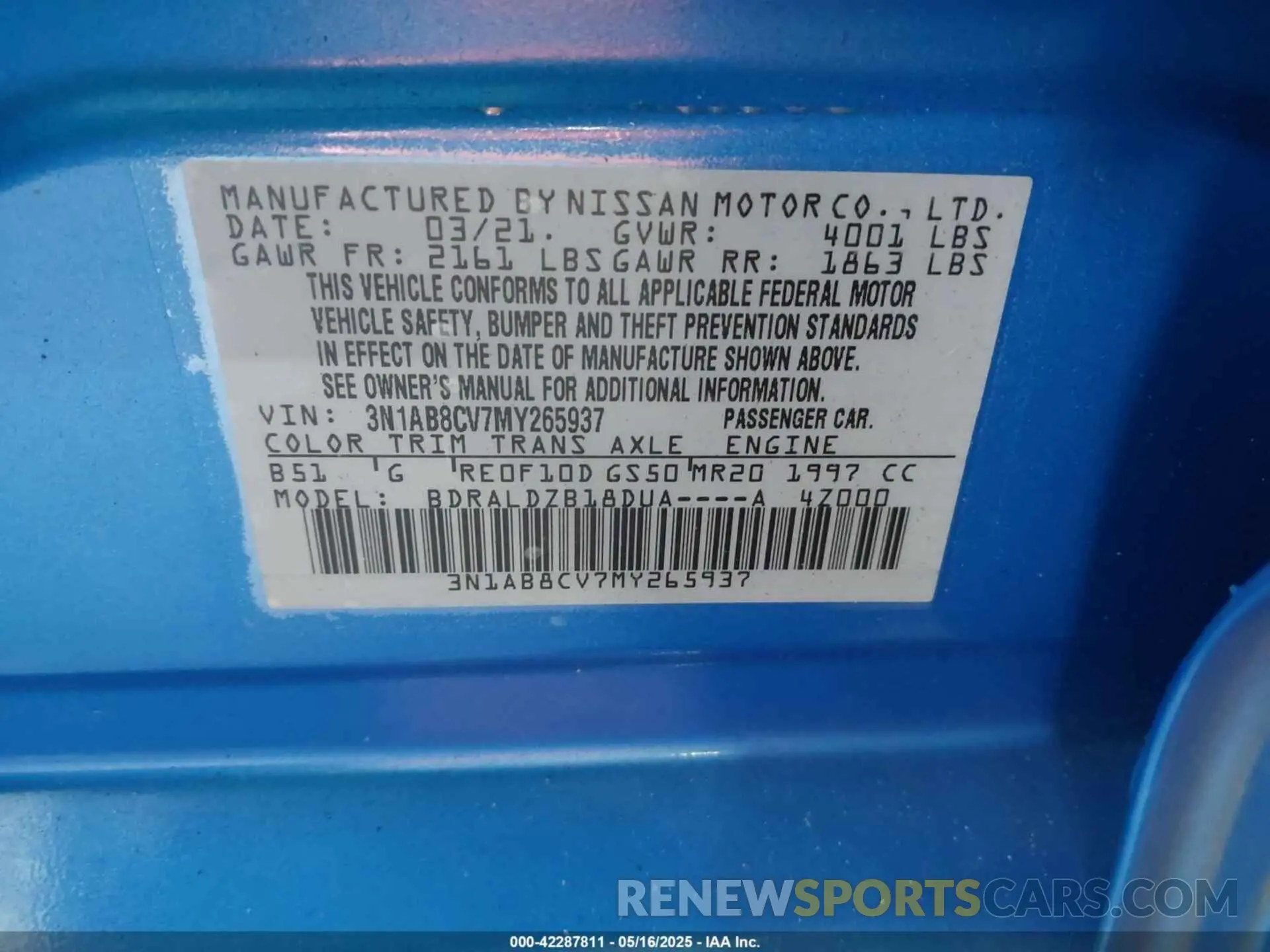 9 Фотография поврежденного автомобиля 3N1AB8CV7MY265937 NISSAN SENTRA 2021