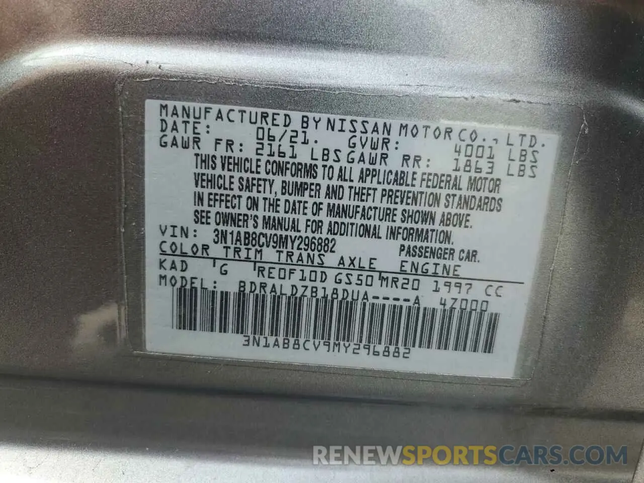 13 Фотография поврежденного автомобиля 3N1AB8CV9MY296882 NISSAN SENTRA 2021