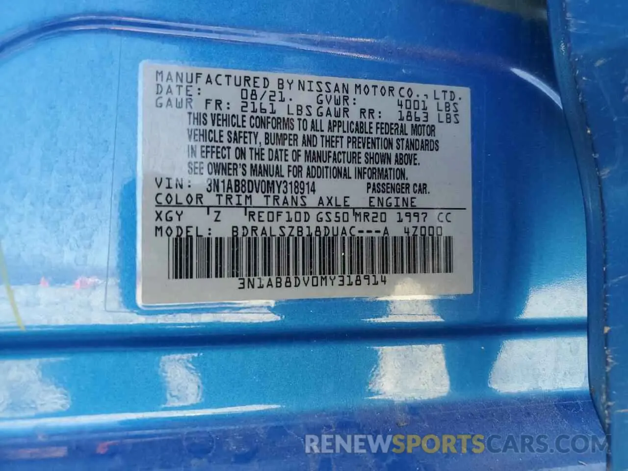 14 Фотография поврежденного автомобиля 3N1AB8DV0MY318914 NISSAN SENTRA 2021