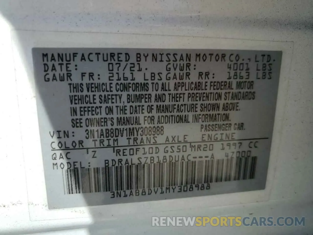 12 Photograph of a damaged car 3N1AB8DV1MY308988 NISSAN SENTRA 2021
