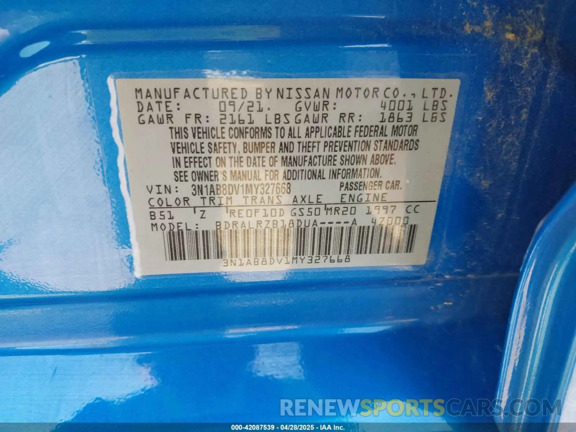 9 Фотография поврежденного автомобиля 3N1AB8DV1MY327668 NISSAN SENTRA 2021