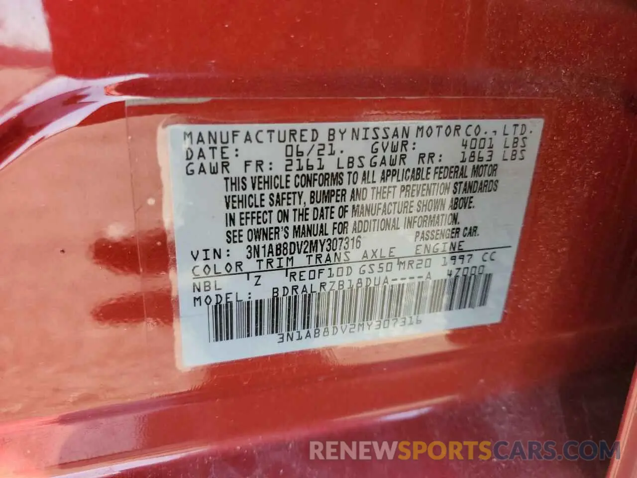 12 Фотография поврежденного автомобиля 3N1AB8DV2MY307316 NISSAN SENTRA 2021