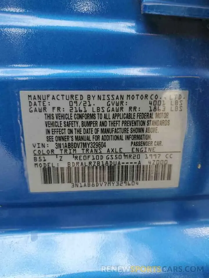 13 Фотография поврежденного автомобиля 3N1AB8DV7MY329604 NISSAN SENTRA 2021