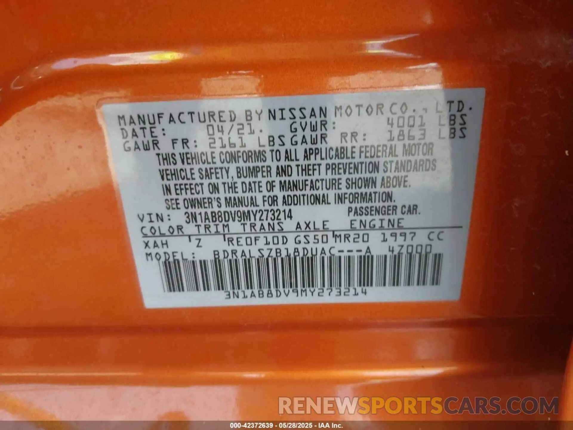 9 Фотография поврежденного автомобиля 3N1AB8DV9MY273214 NISSAN SENTRA 2021