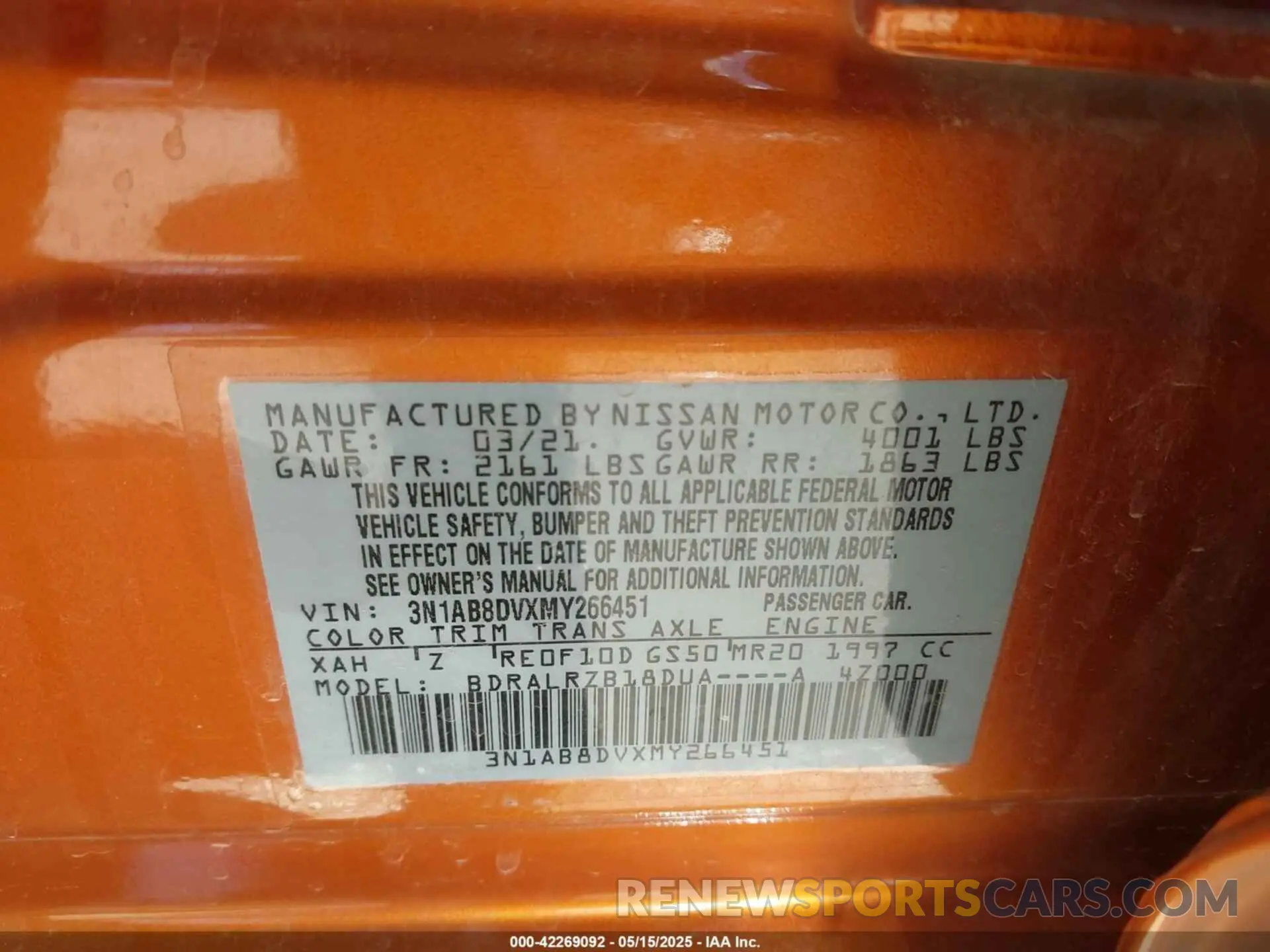 9 Photograph of a damaged car 3N1AB8DVXMY266451 NISSAN SENTRA 2021