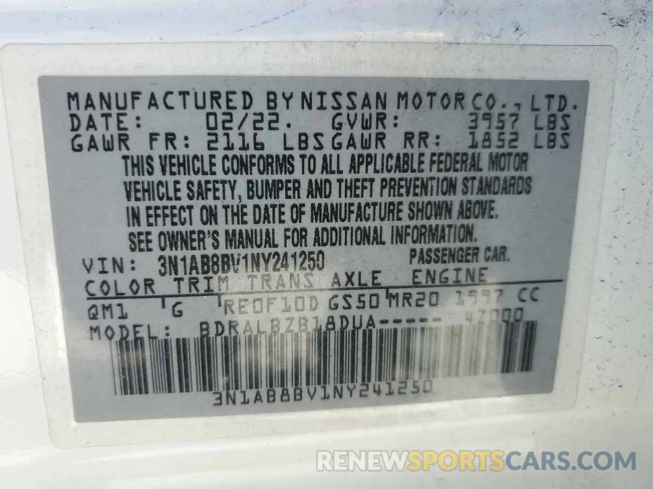 12 Photograph of a damaged car 3N1AB8BV1NY241250 NISSAN SENTRA 2022