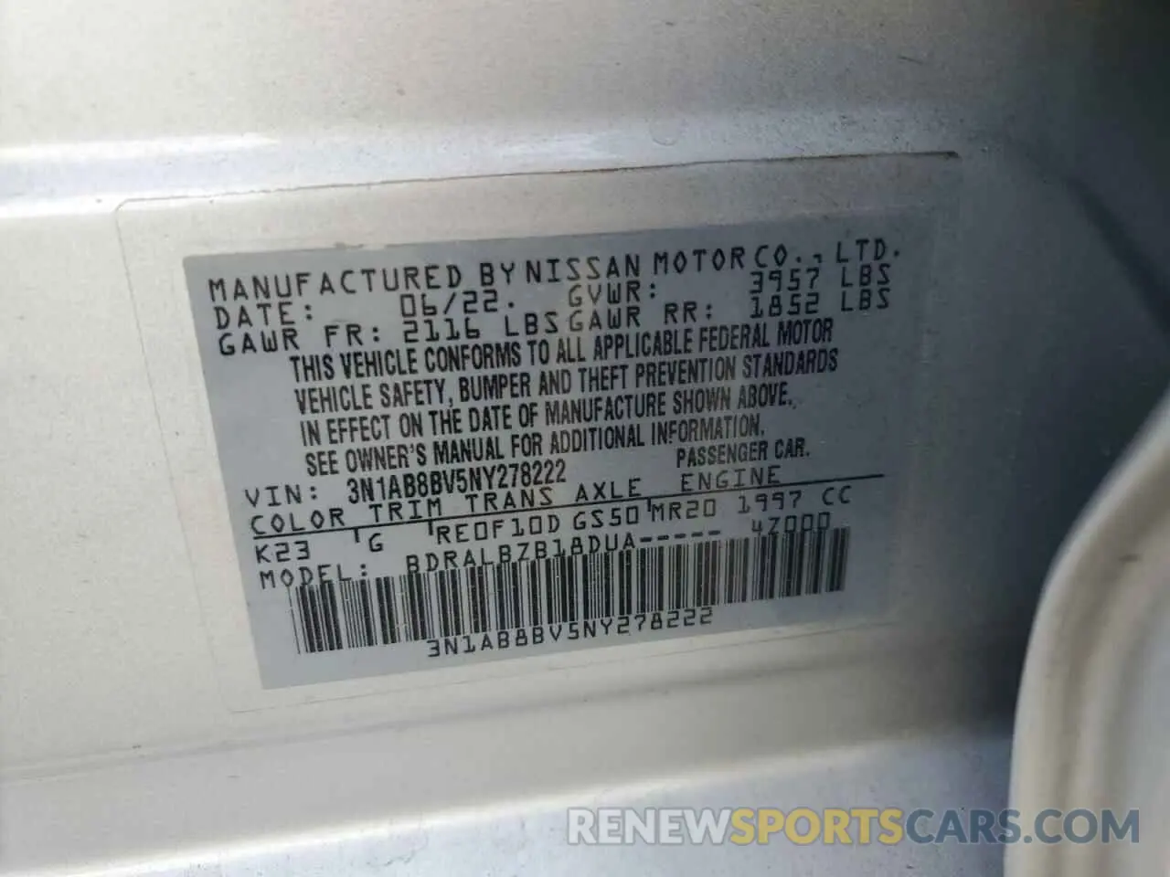 12 Фотография поврежденного автомобиля 3N1AB8BV5NY278222 NISSAN SENTRA 2022