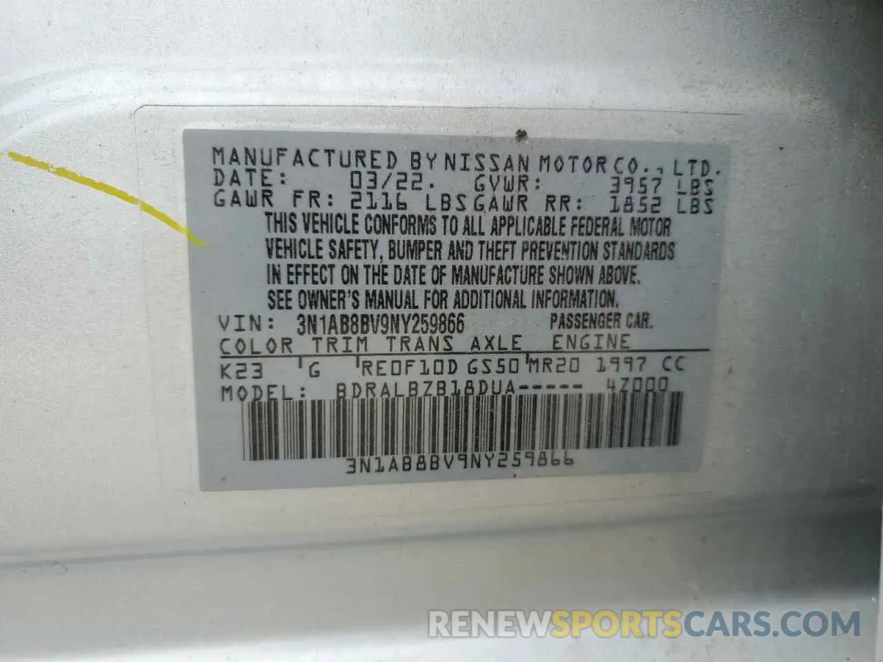 12 Photograph of a damaged car 3N1AB8BV9NY259866 NISSAN SENTRA 2022