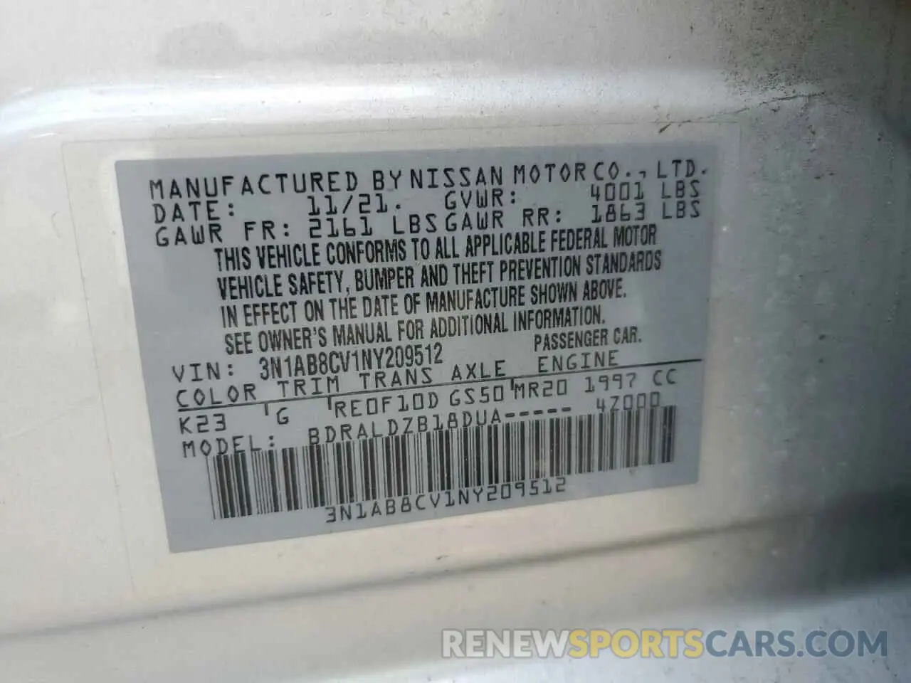13 Photograph of a damaged car 3N1AB8CV1NY209512 NISSAN SENTRA 2022