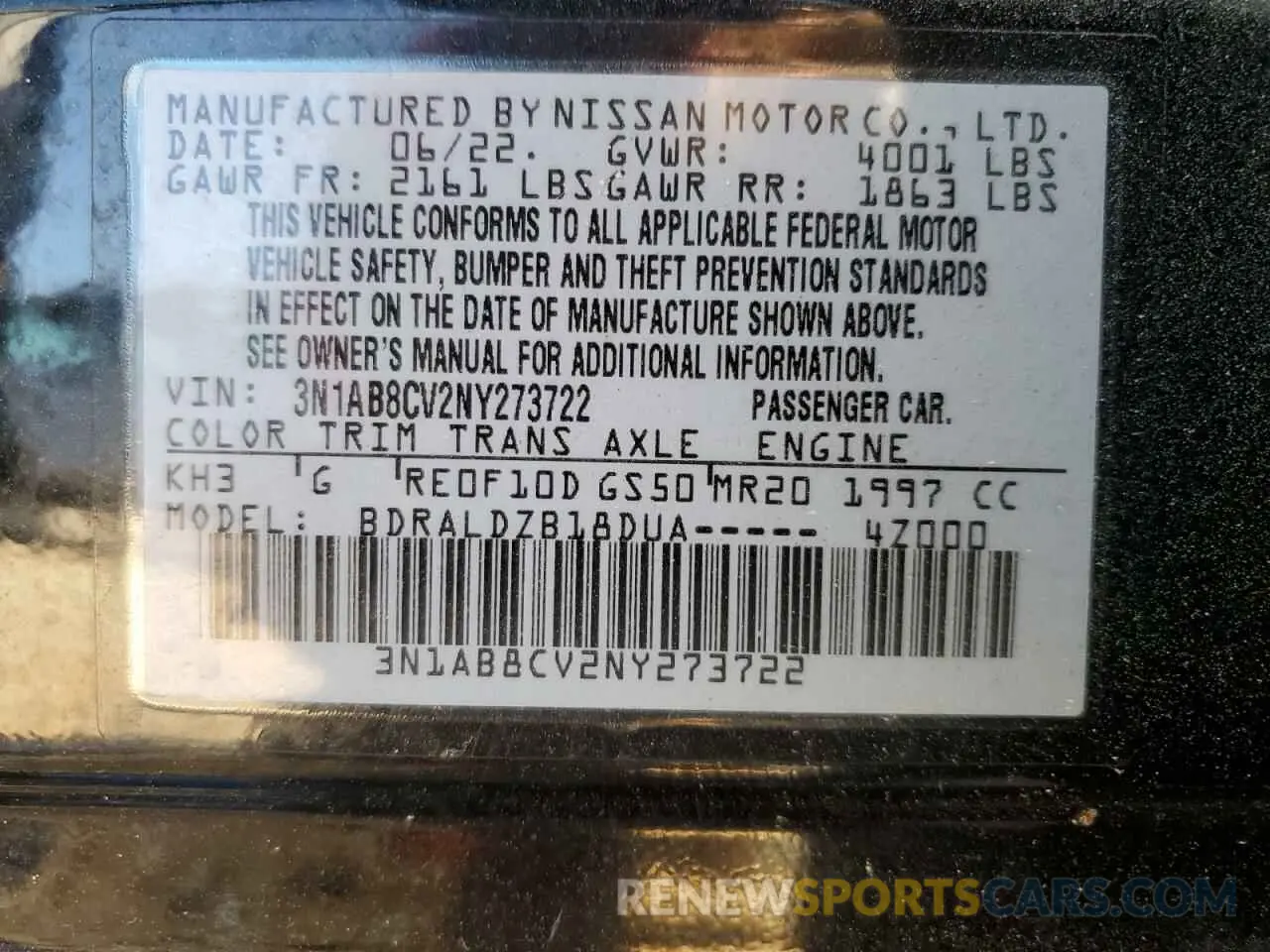 14 Photograph of a damaged car 3N1AB8CV2NY273722 NISSAN SENTRA 2022