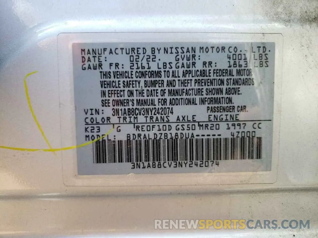 12 Photograph of a damaged car 3N1AB8CV3NY242074 NISSAN SENTRA 2022