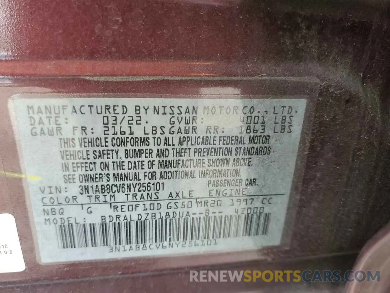 12 Photograph of a damaged car 3N1AB8CV6NY256101 NISSAN SENTRA 2022