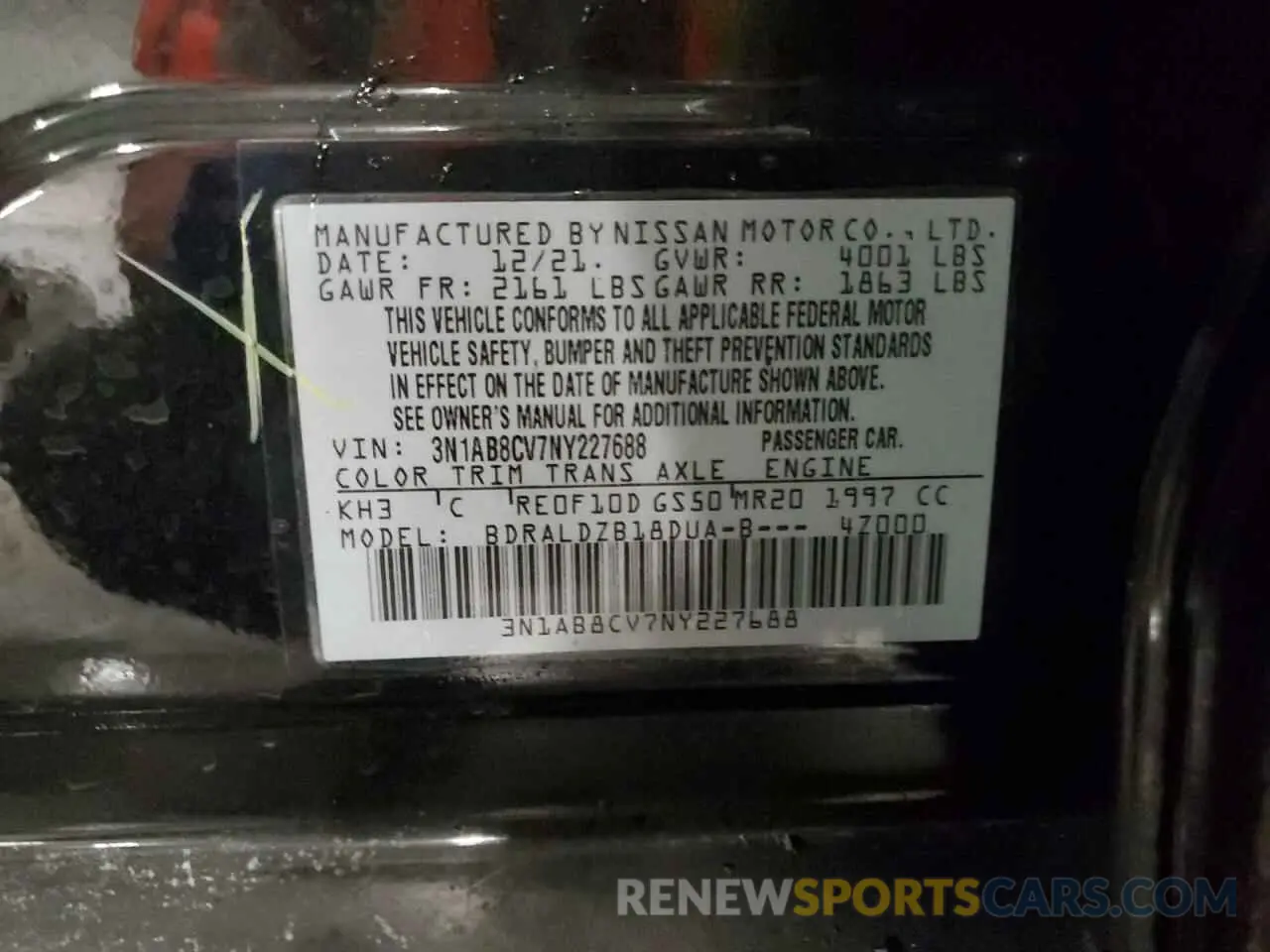 12 Photograph of a damaged car 3N1AB8CV7NY227688 NISSAN SENTRA 2022