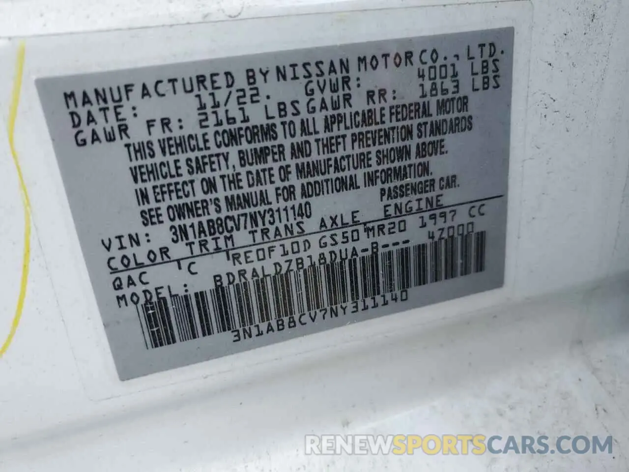 12 Photograph of a damaged car 3N1AB8CV7NY311140 NISSAN SENTRA 2022