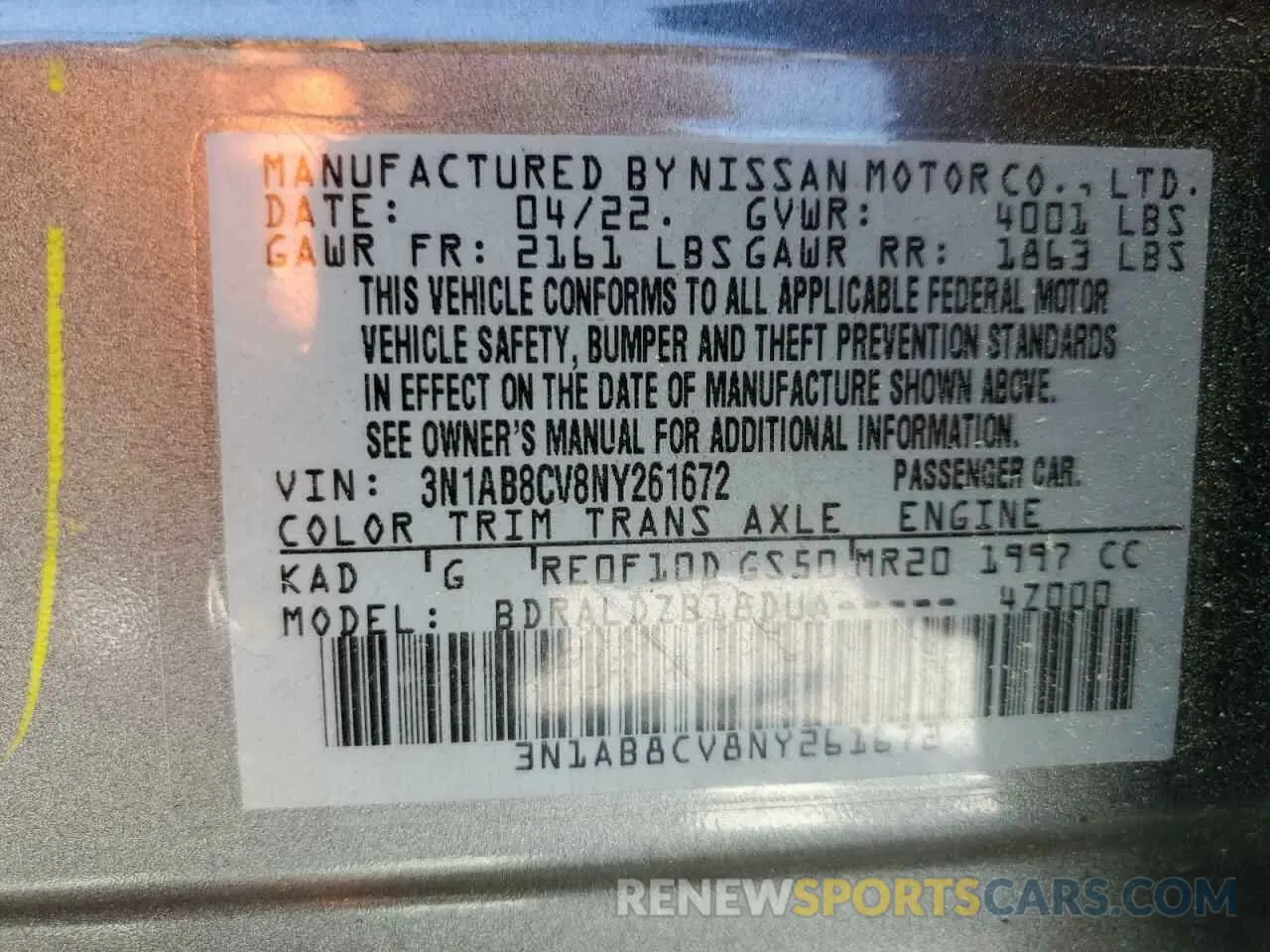 12 Фотография поврежденного автомобиля 3N1AB8CV8NY261672 NISSAN SENTRA 2022