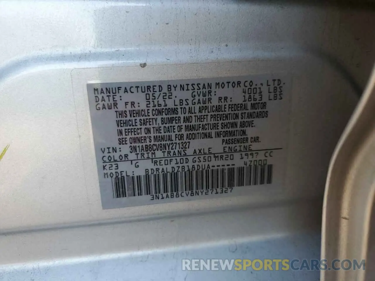 12 Photograph of a damaged car 3N1AB8CV8NY271327 NISSAN SENTRA 2022