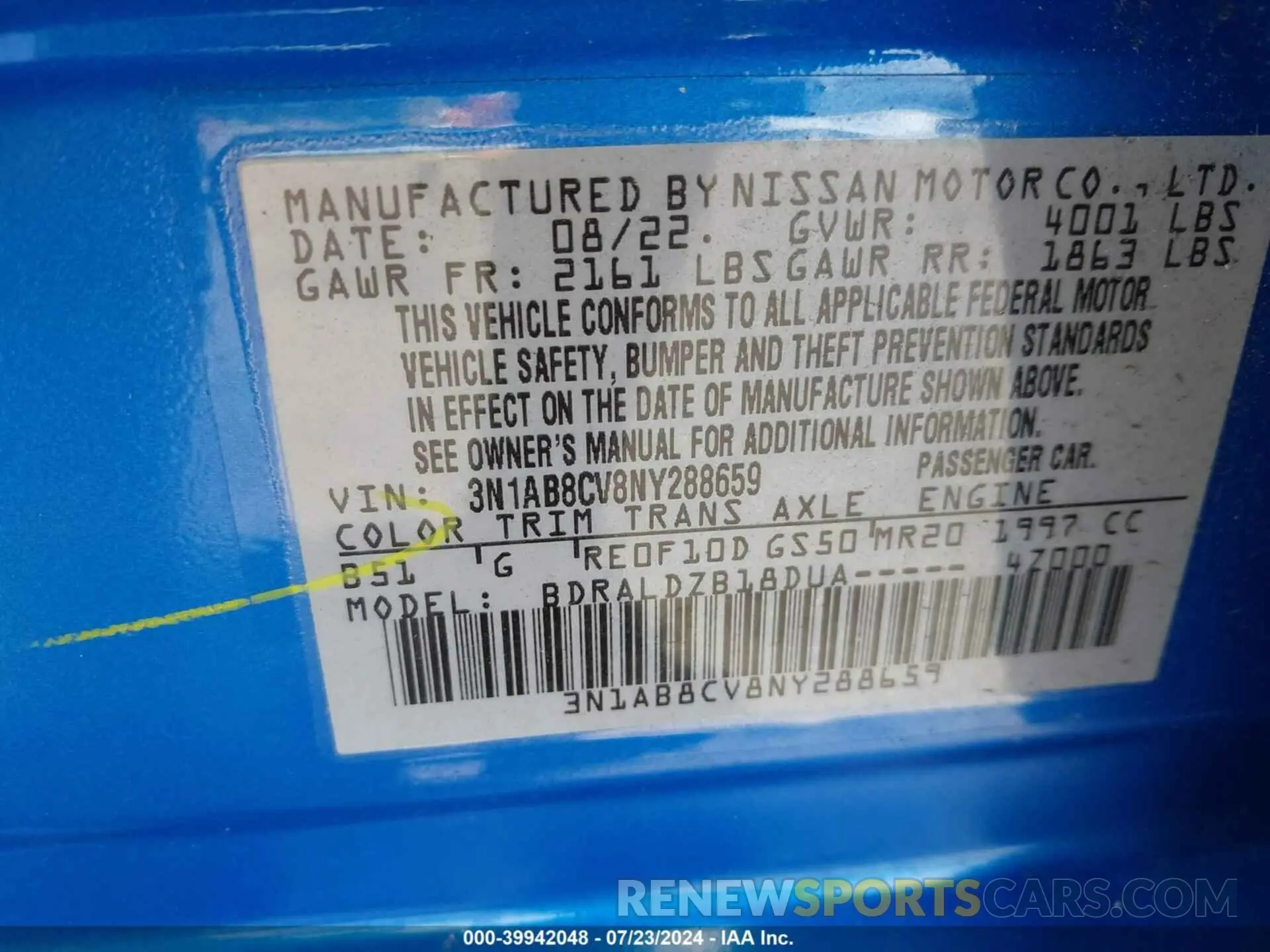 9 Photograph of a damaged car 3N1AB8CV8NY288659 NISSAN SENTRA 2022