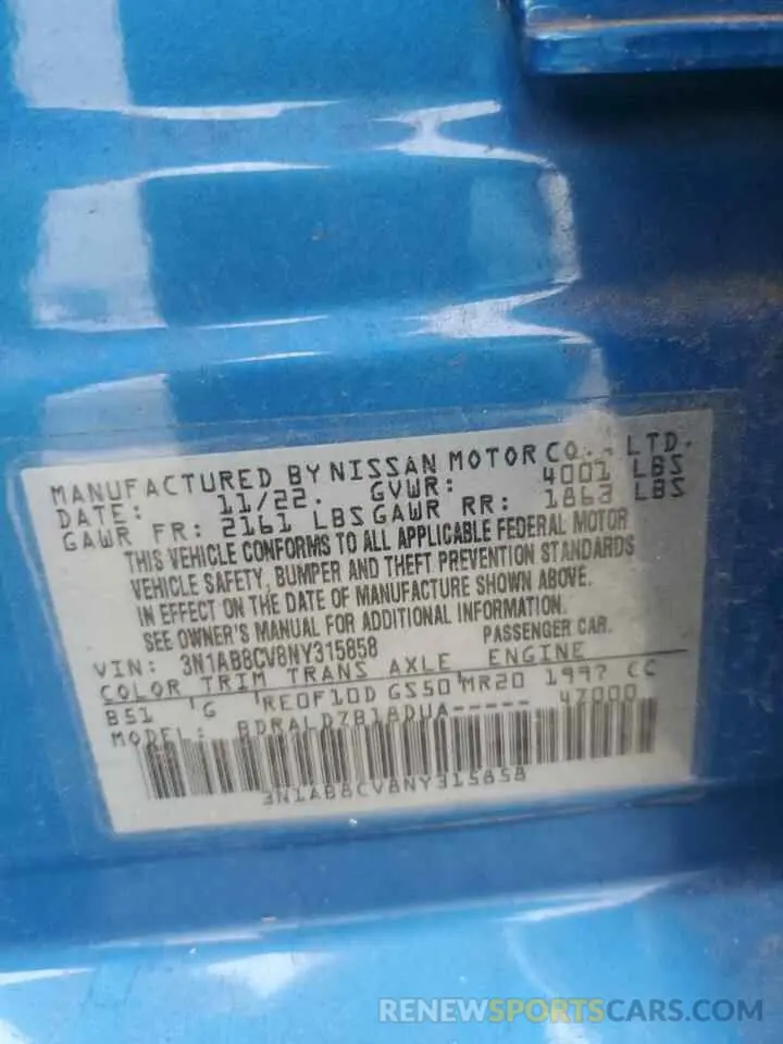 12 Фотография поврежденного автомобиля 3N1AB8CV8NY315858 NISSAN SENTRA 2022