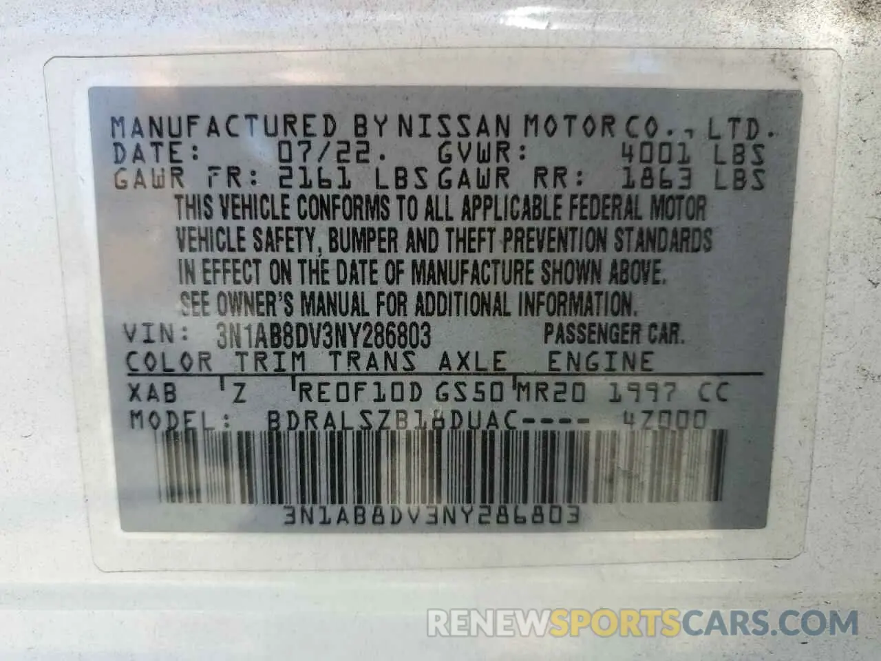 12 Photograph of a damaged car 3N1AB8DV3NY286803 NISSAN SENTRA 2022
