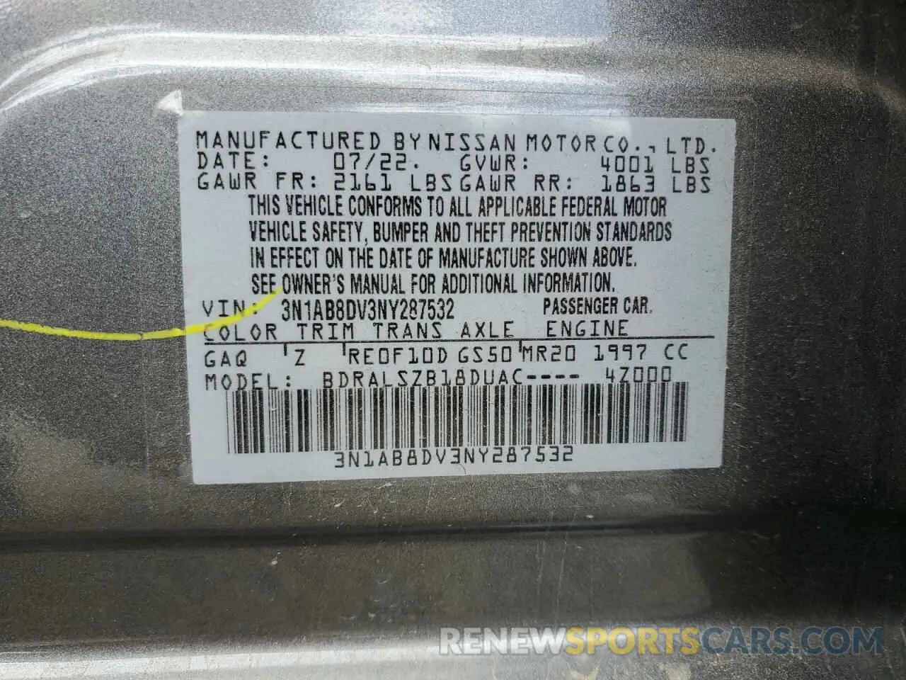 13 Photograph of a damaged car 3N1AB8DV3NY287532 NISSAN SENTRA 2022