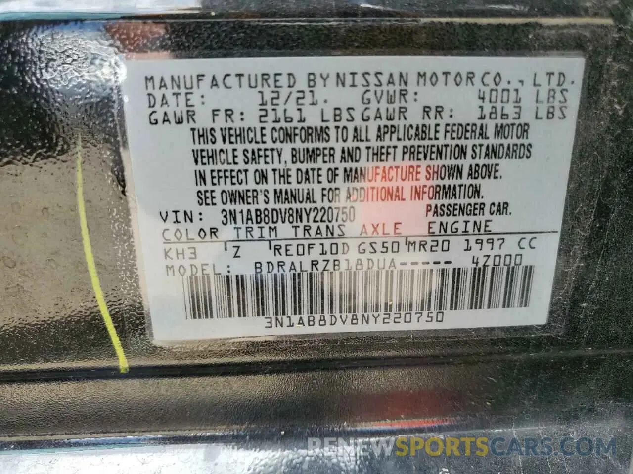 13 Photograph of a damaged car 3N1AB8DV8NY220750 NISSAN SENTRA 2022