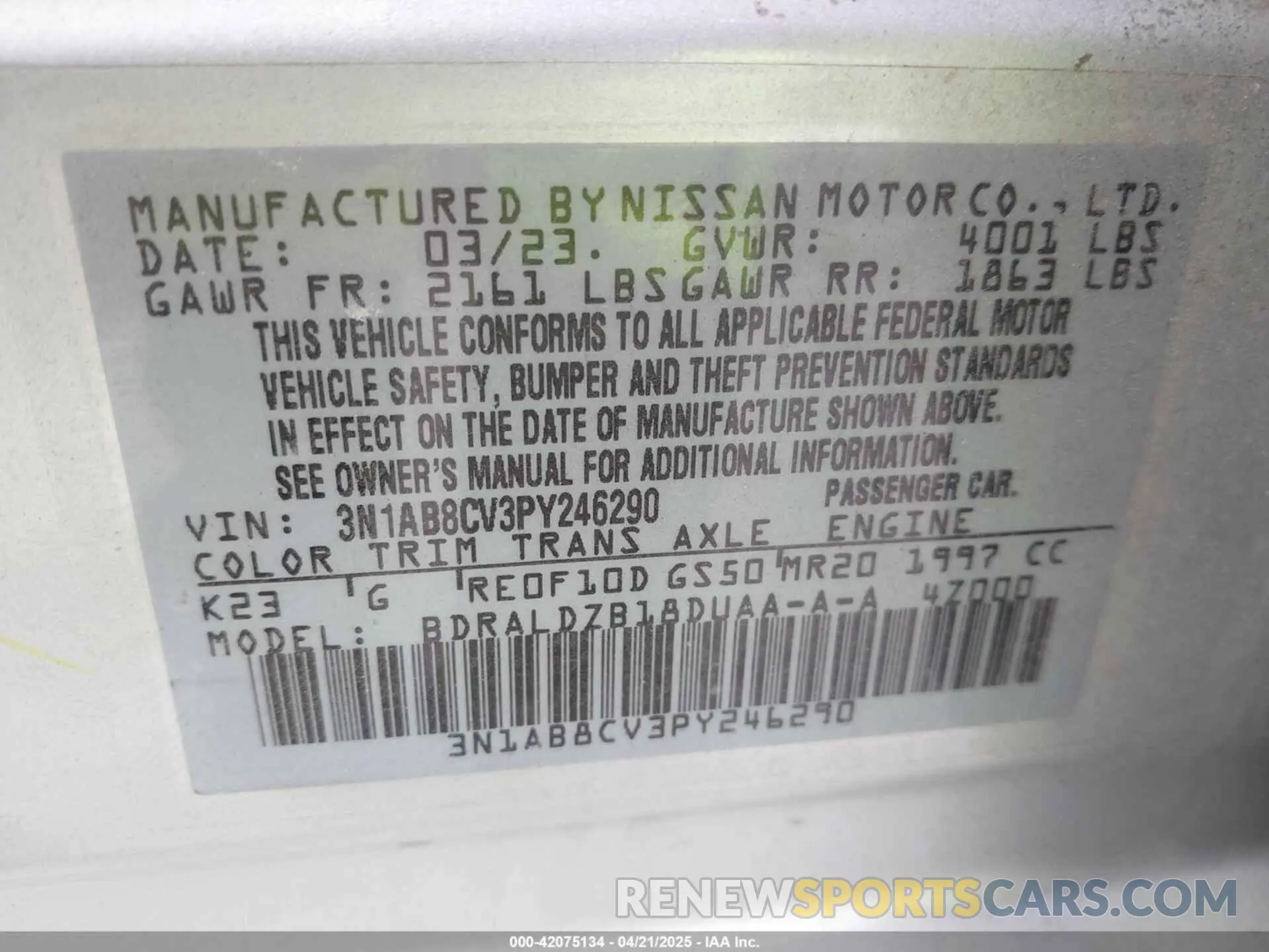 9 Фотография поврежденного автомобиля 3N1AB8CV3PY246290 NISSAN SENTRA 2023