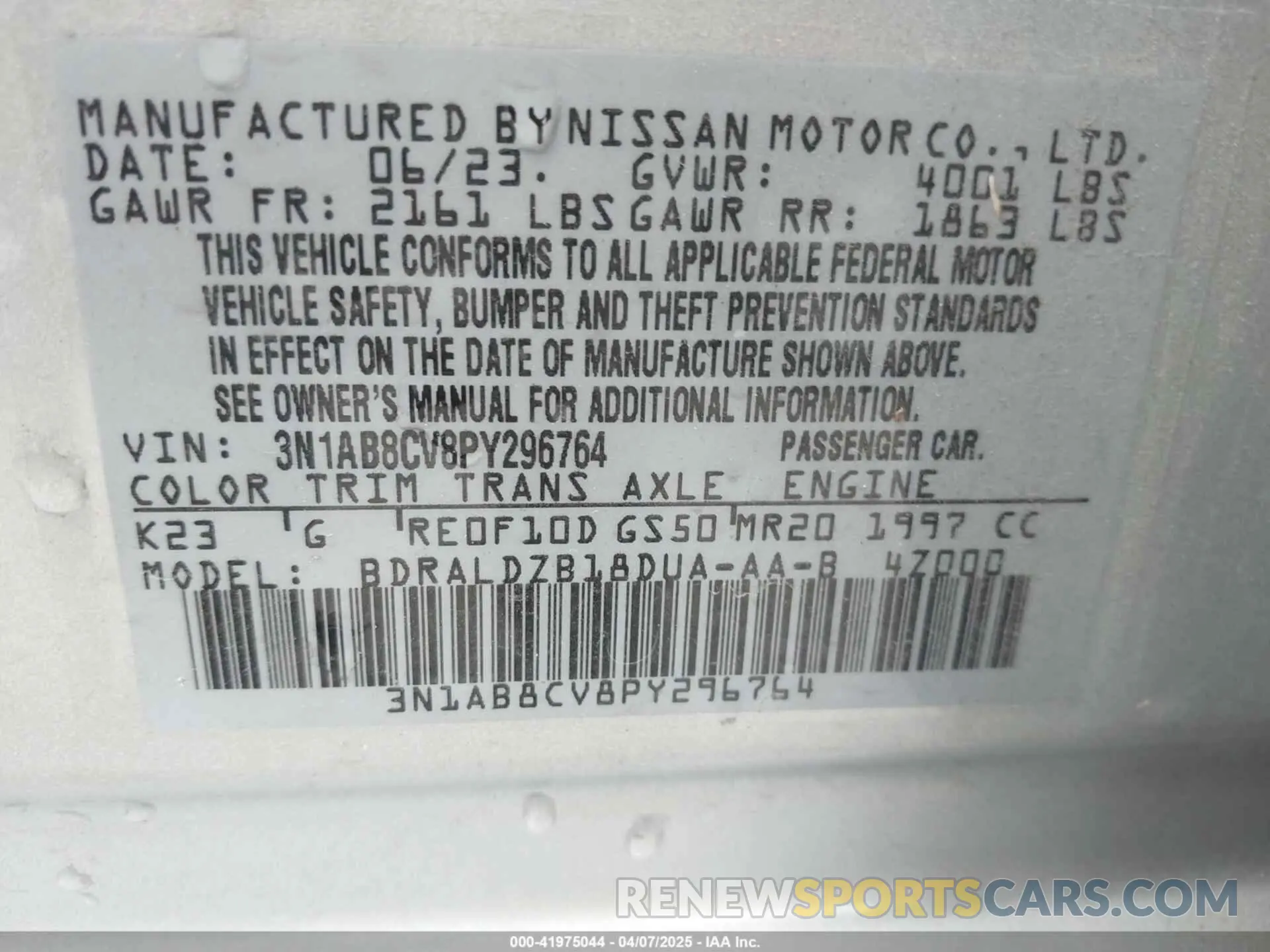 9 Photograph of a damaged car 3N1AB8CV8PY296764 NISSAN SENTRA 2023