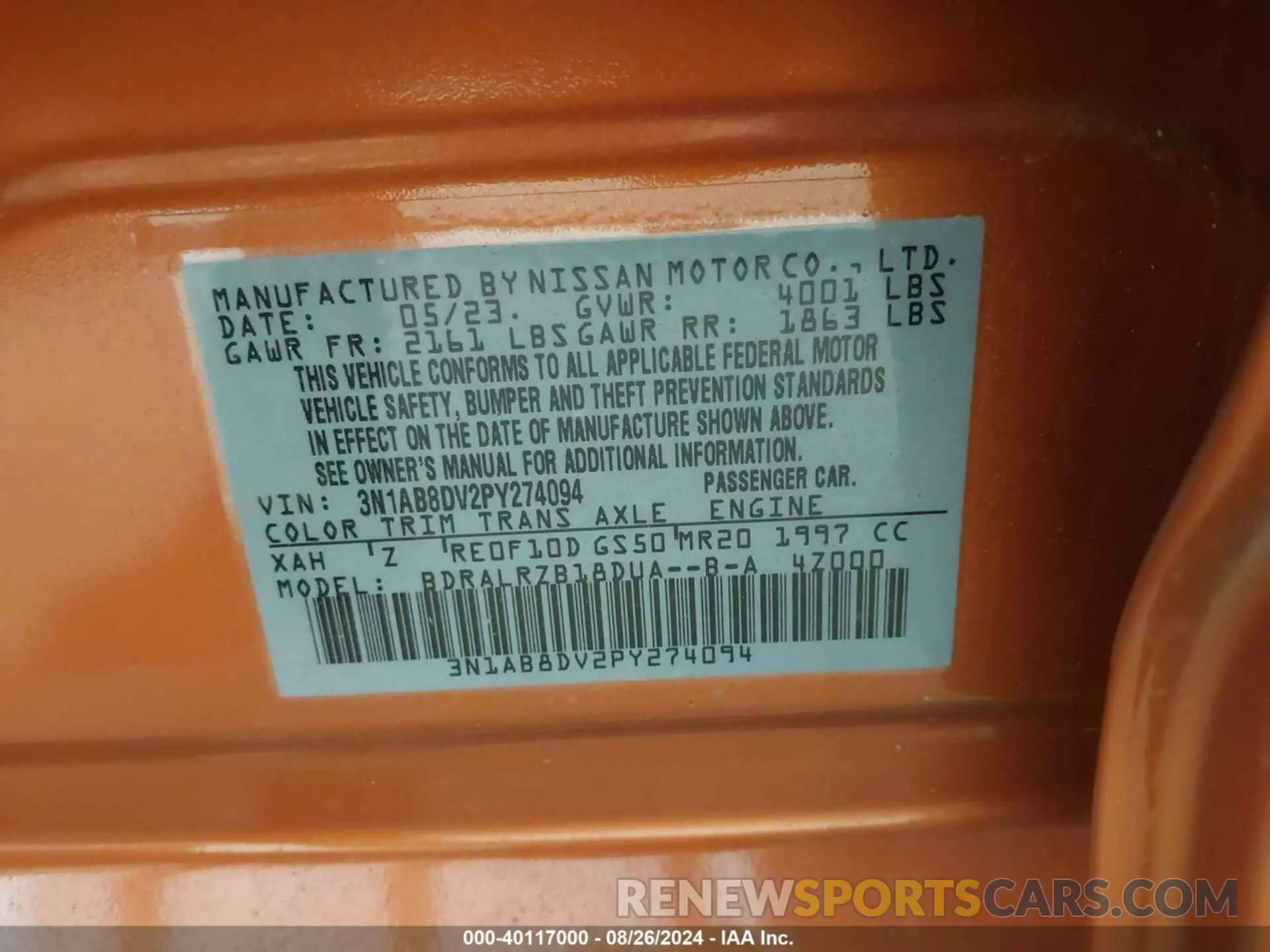 9 Фотография поврежденного автомобиля 3N1AB8DV2PY274094 NISSAN SENTRA 2023