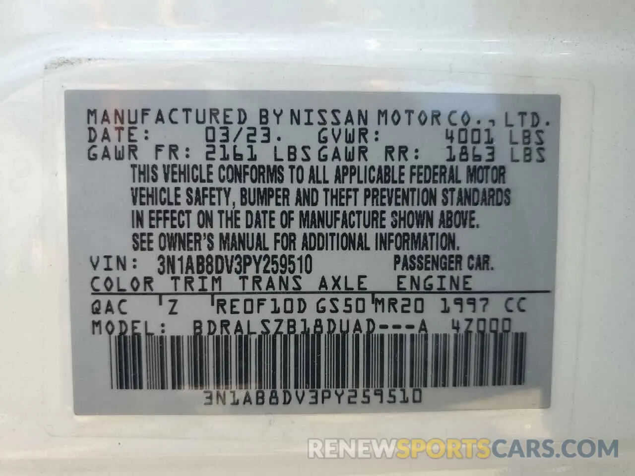 12 Photograph of a damaged car 3N1AB8DV3PY259510 NISSAN SENTRA 2023